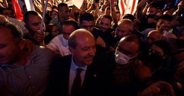 President-elect Ersin Tatar celebrates his election victory in the Turkish Republic of Northern Cyprus (TRNC) in Lefkoşa, Oct. 18, 2020. (Reuters Photo)