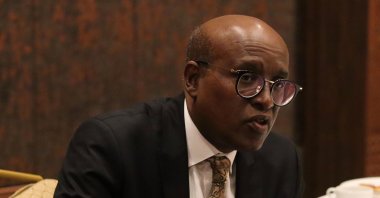 Djibouti’s Ambassador to Turkey Aden Houssein Abdillahi speaks during the launching ceremony of a new shipping route at a hotel in Ankara, Turkey, Oct. 23, 2020. (Photo by Dilara Aslan)