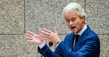 Leader of the Dutch far-right Party for Freedom (PVV) Geert Wilders speaks during a debate over developments surrounding the COVID-19 outbreak, during a plenary session in the House of Representatives in The Hague on Oct. 14, 2020. (AFP Photo)