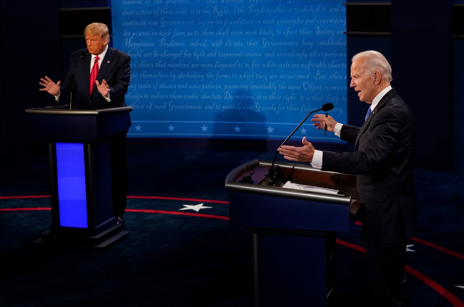 U.S. President Donald Trump (L) and Democratic presidential candidate Joe Biden during a presidential debate at Case Western Reserve University in Cleveland, Ohio, Sept. 29, 2020. (AA Photo)