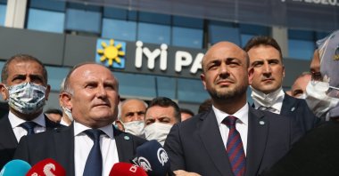 Good Party (IP) members speak to reporters in front of IP headquarters in the capital Ankara, Oct. 27, 2020 (AA Photo)