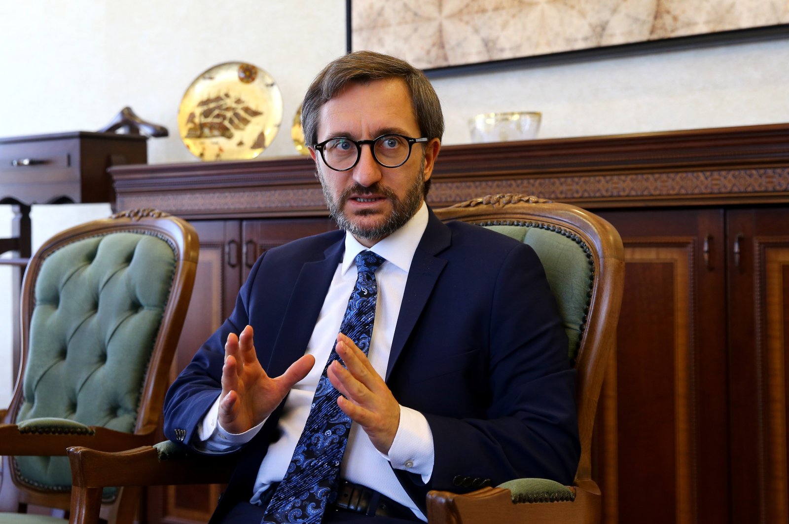Presidential Communications Director Fahrettin Altun gestures during an interview with Anadolu Agency (AA) on Oct. 7, 2019. (AA File Photo)
