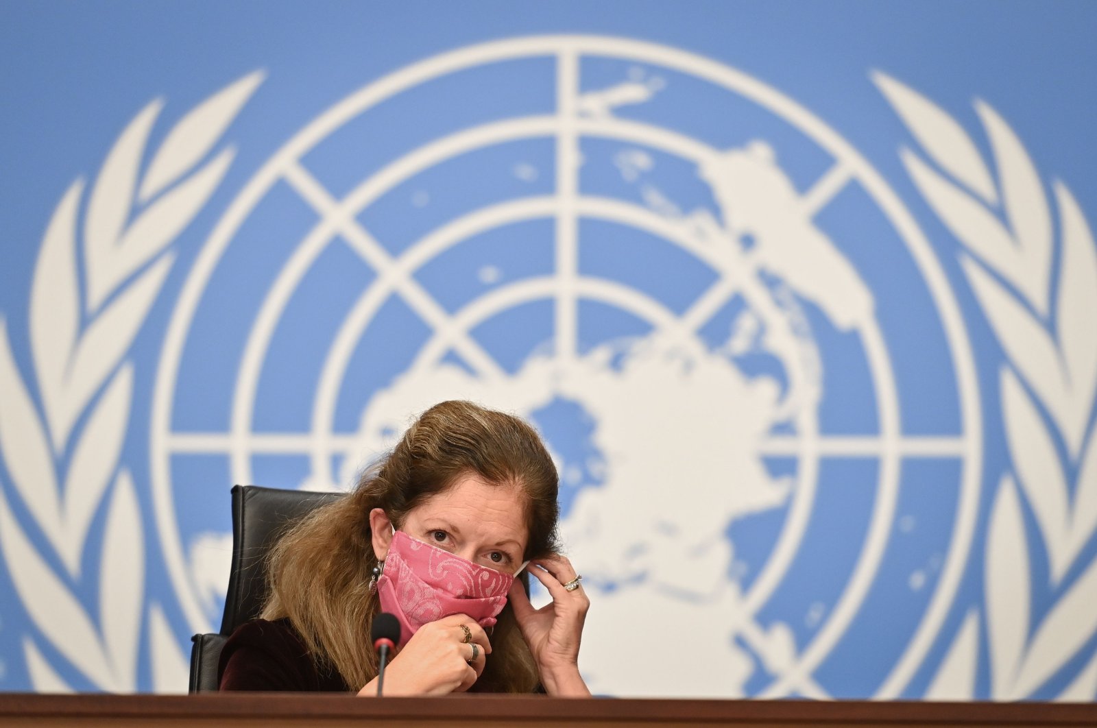 Deputy Special Representative of the UN Secretary-General for Political Affairs in Libya Stephanie Williams wears her protective face mask after a press conference on talks between the rival factions in the Libya conflict on Oct. 21, 2020 at the United Nations offices in Geneva. (AFP Photo)