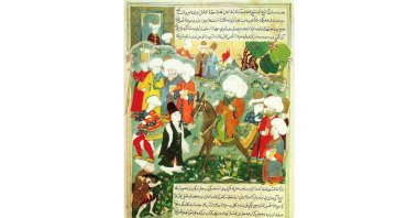 An Ottoman-era miniature depicts Mevlana Jalaluddin Rumi on horseback and Persian poet Shams-e Tabrizi in front of him.