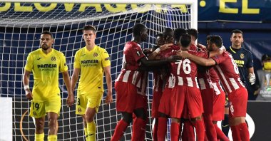 Sivasspor's players celebrate after scoring a goal against Villarreal, in Villarreal, Spain, Oct. 22, 2020. (AFP Photo) 