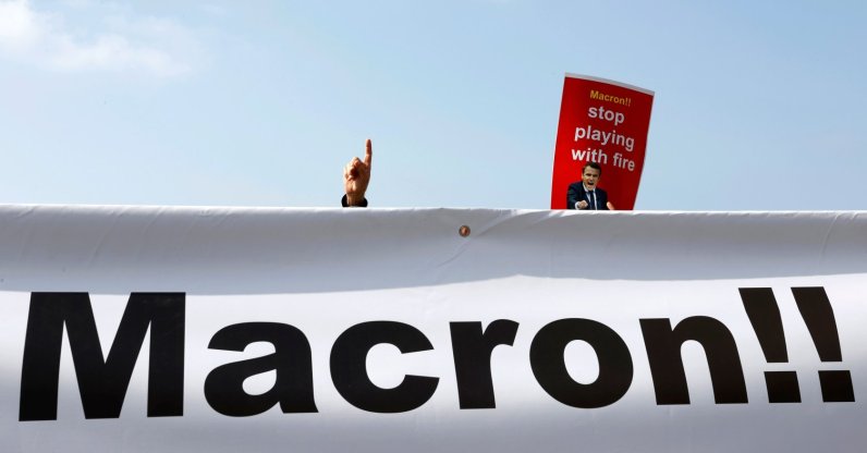 Arab-Israeli Muslim demonstrators gather near the French embassy in Israel's Mediterranean coastal city of Tel Aviv for a protest against comments by French President Emmanuel Macron defending cartoons of the Prophet Muhammed, on Oct. 27, 2020. (AFP Photo)