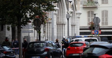 Police officers secure the area after a reported knife attack at Notre Dame Church, Nice, France, Oct. 29, 2020. (Reuters Photo)