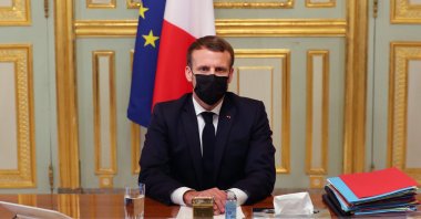 French President Emmanuel Macron takes part in a video conference at the Elysee Palace in Paris, France, Oct. 29, 2020. (AFP Photo)