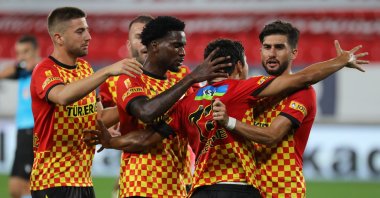 Göztepe players celebrate a goal during a Süper Lig match in Izmir, Turkey, Oct. 18, 2020. (AA Photo)
