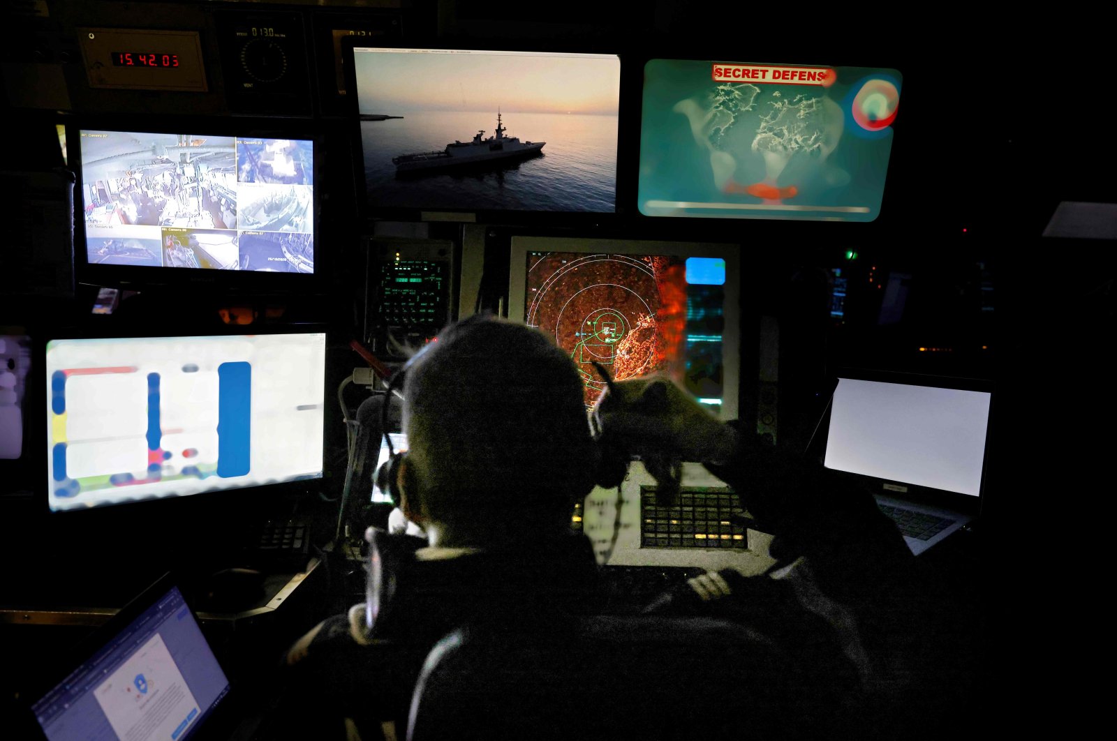 French Navy soldiers work at the tactical operation center on board of the French warship stealth frigate La Fayette, Oct. 26, 2020. (AFP Photo)