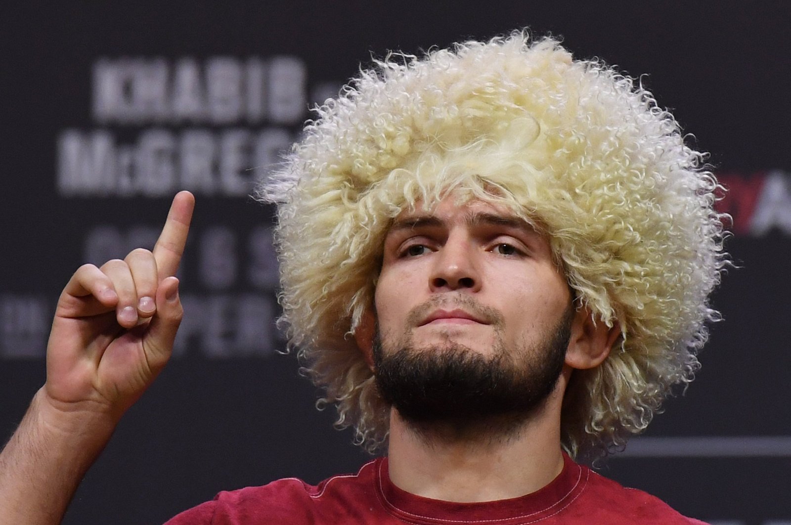 UFC lightweight champion Khabib Nurmagomedov poses during a ceremonial weigh-in for UFC 229 at T-Mobile Arena in Las Vegas, Nevada, Oct. 5, 2018. (AFP Photo)