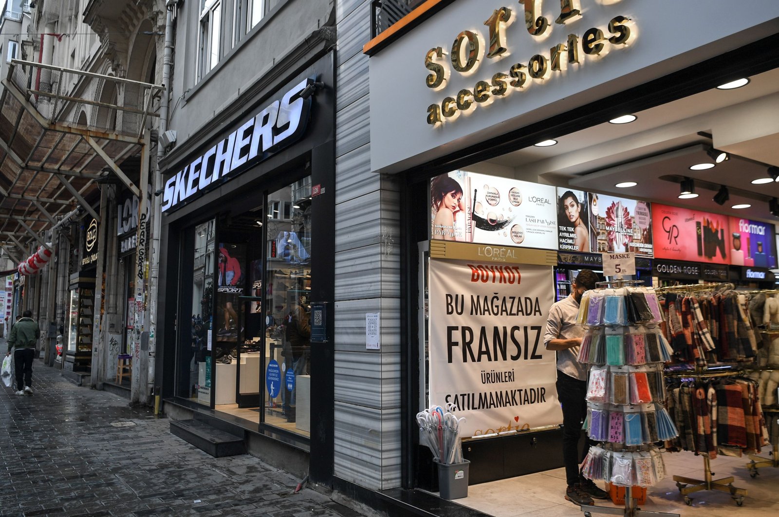 A banner reading "Boycott, We do not sell French products in this shop" at the entrance of a store in Istanbul, Oct. 30, 2020. (AFP Photo)
