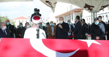 President Recep Tayyip Erdoğan delivers a speech during Burhan Kuzu's funeral ceremony in Istanbul's Fatih Mosque, Turkey, Nov. 2, 2020. (AA Photo)