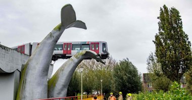 A metro train that shot through a stop block at De Akkers metro station in Spijkenisse, on Nov. 2, 2020. (AFP Photo)