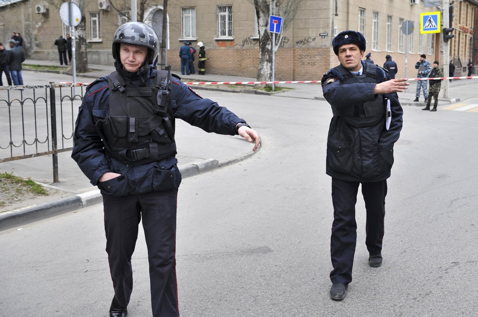 In this file photo, police officers cordon off a street after an explosion occurred in the southern Russian city of Rostov-on-Don, April 6, 2017. (AP File Photo)