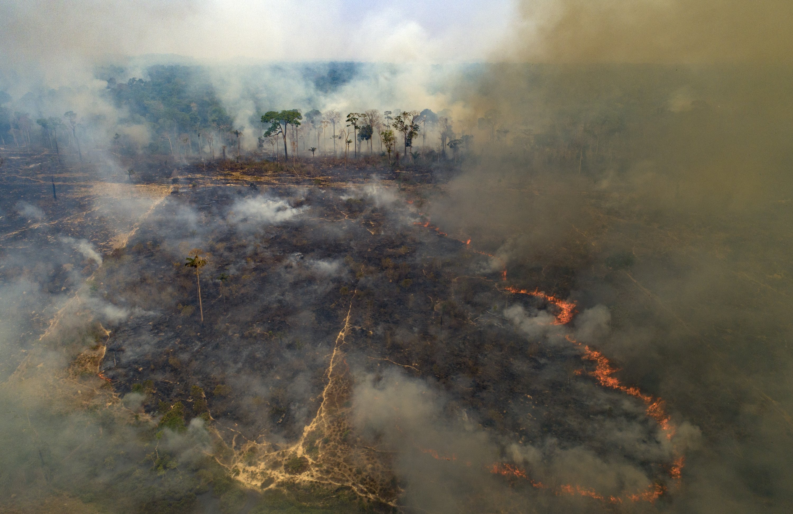 Fire consumes land recently deforested by cattle farmers near Novo Progresso, Para state, Brazil, Sunday, Aug. 23, 2020. Environmentalists say that the Amazon has lost about 17% of its original area and, fear at the current it could reach a tipping point in the next 15 to 30 years after which it could cease to generate enough rainfall to sustain itself. (AP Photo/Andre Penner)