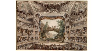 French architect and drawer Antoine Meunier's watercolor painting showing the interior of the Comedie-Française Theatre in Paris.