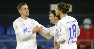 Schalke players celebrate during the German Cup match against Schweinfurt, in Gelsenkirchen, Germany, Nov. 3, 2020. (Reuters Photo)
