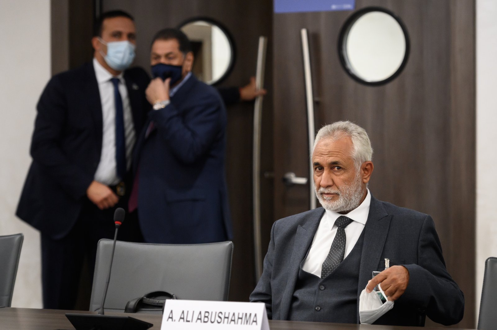 The head of the Government of National Accord (GNA) military delegation, Ahmed Ali Abushahma, attends talks between the rival factions in the Libya conflict, in Geneva, Switzerland, Oct. 20, 2020. (AP Photo)