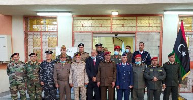 Members of the Libyan joint military commission pose for group pictures in Ghadames, a desert oasis some 465 kilometers (290 miles) southwest of the capital Tripoli, on Nov. 3, 2020. (AFP Photo)