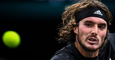 Stefanos Tsitsipas in action during a Paris Masters tennis match against Ugo Humbert, in Paris, France, Nov. 3, 2020. (AFP Photo)