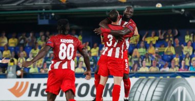 Sivasspor players celebrate a goal against Villarreal during a UEFA Europa League match, in Villarreal, Spain, Oct. 22, 2020. (Reuters Photo)