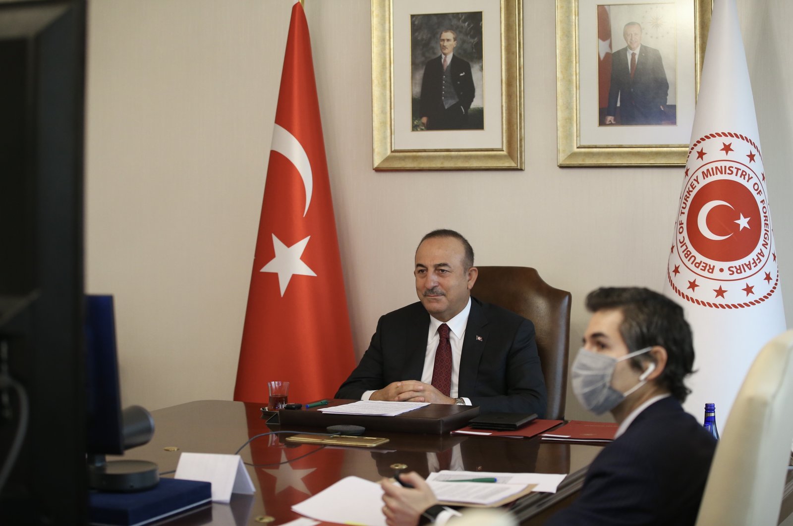 Foreign Minister Mevlüt Çavuşoğlu attends the 130th Session of the Committee of Ministers of the Council of Europe via videoconference, Ankara, Turkey, Nov. 4, 2020. (AA Photo)