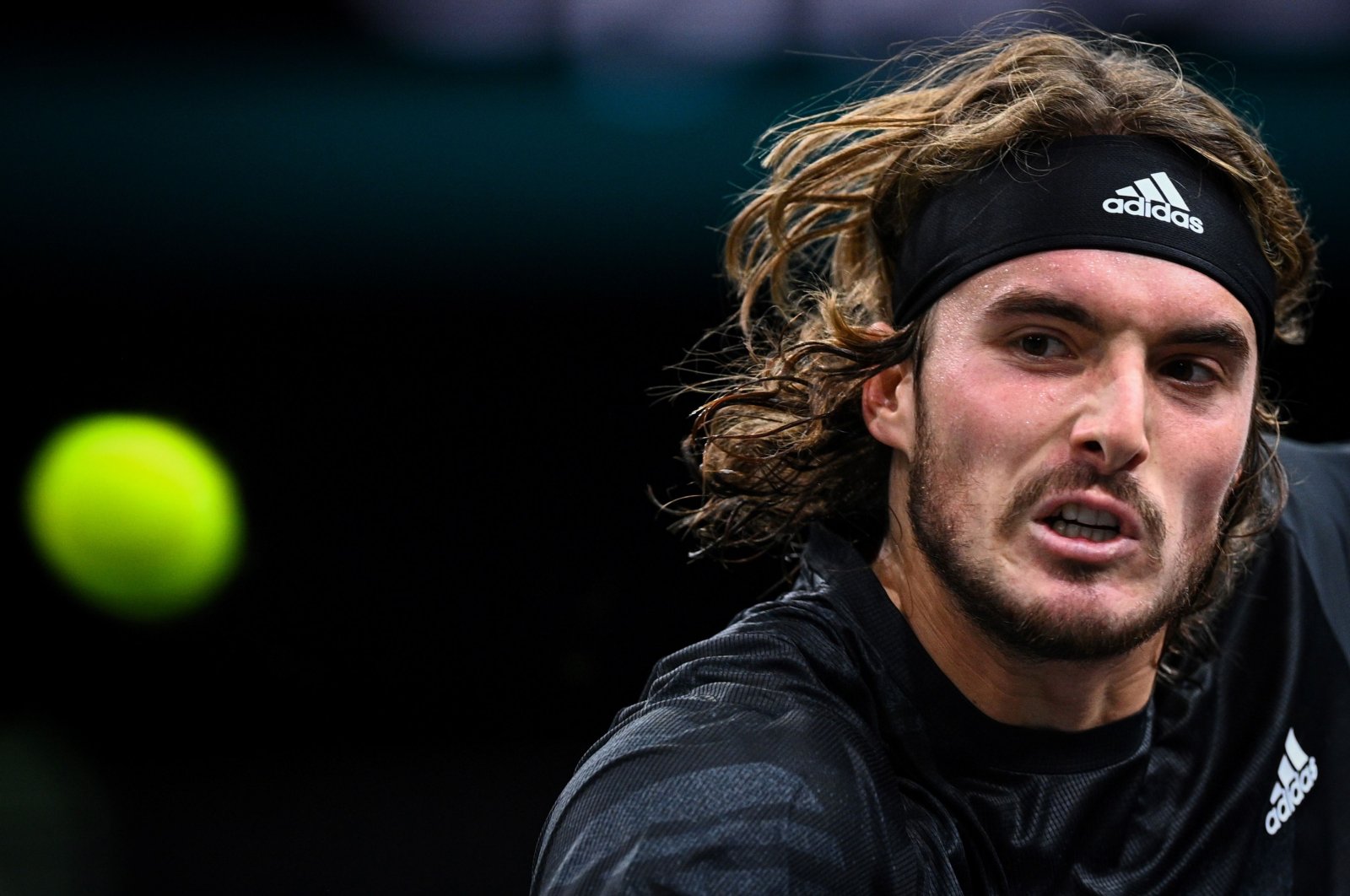 Stefanos Tsitsipas in action during a Paris Masters tennis match against Ugo Humbert, in Paris, France, Nov. 3, 2020. (AFP Photo)