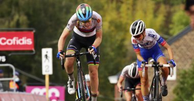 Anna Van Der Breggen (L) in action during the women's UCI World Tour race Fleche Wallonne, in Huy, Belgium, Sept. 30, 2020. (AP Photo)