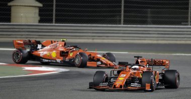 Ferrari driver Sebastian Vettel steers his car, followed by teammate Charles Leclerc behind, during the Bahrain F1 Grand Prix, in Sakhir, Bahrain, March 31, 2019. (AP Photo)