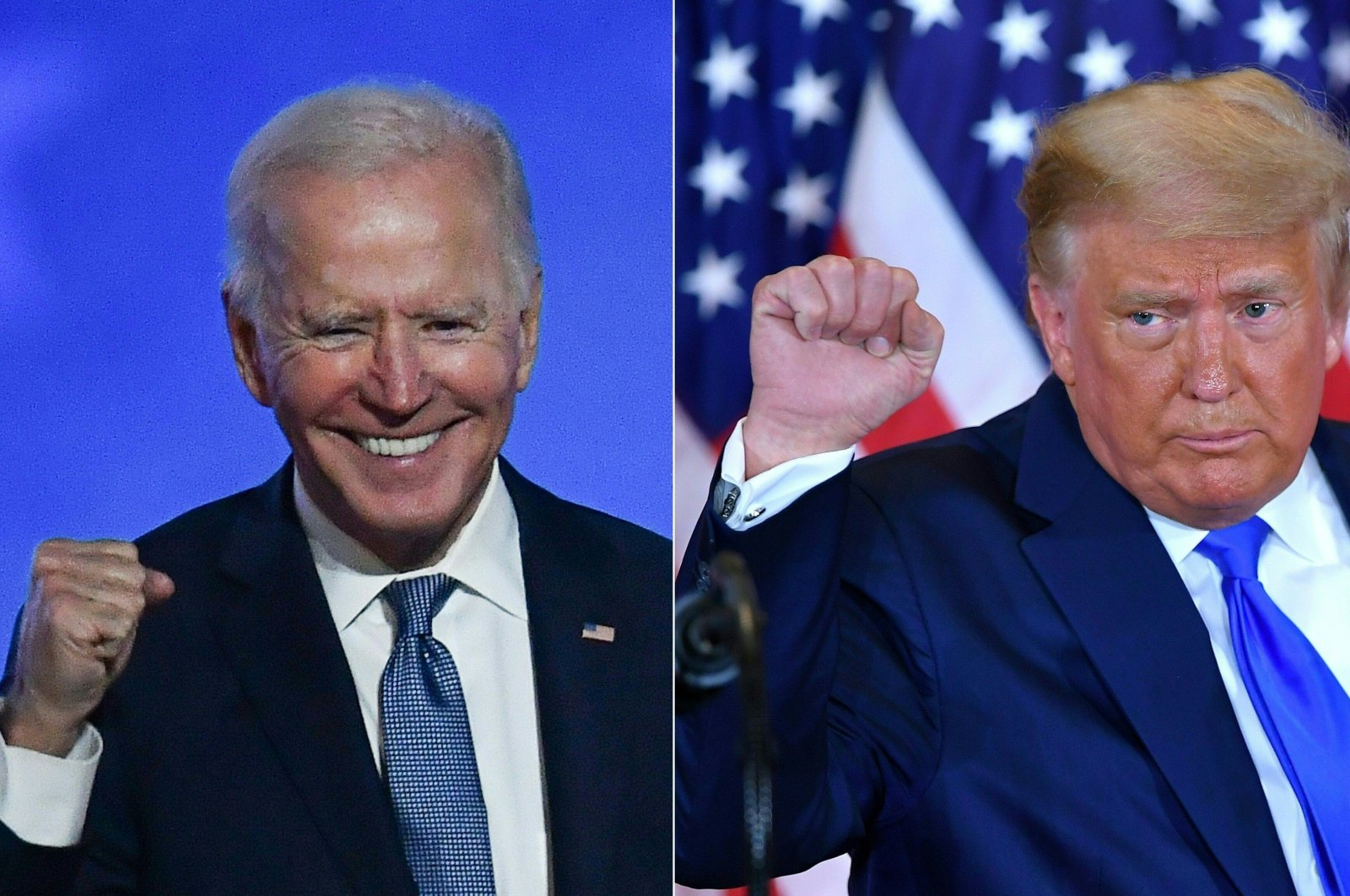 Democrat Joe Biden (L) in Wilmington, Delaware, and U.S. President Donald Trump (R) in Washington, D..C both pumping their fist during an election night speech, Nov. 4, 2020. (AFP Photo)