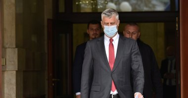Kosovo's former President Hashim Thaci arrives for a news conference, Pristina, Kosovo, Nov. 5, 2020. (REUTERS Photo)