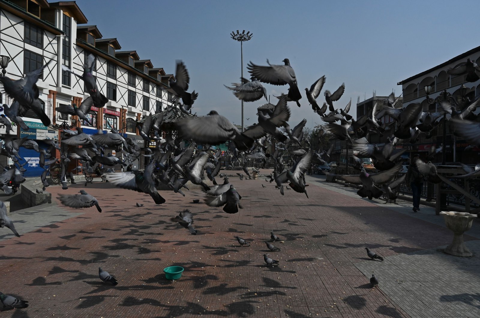 Pigeons take flight in a square in Srinagar, Kashmir, Oct. 31, 2020. (AFP Photo)
