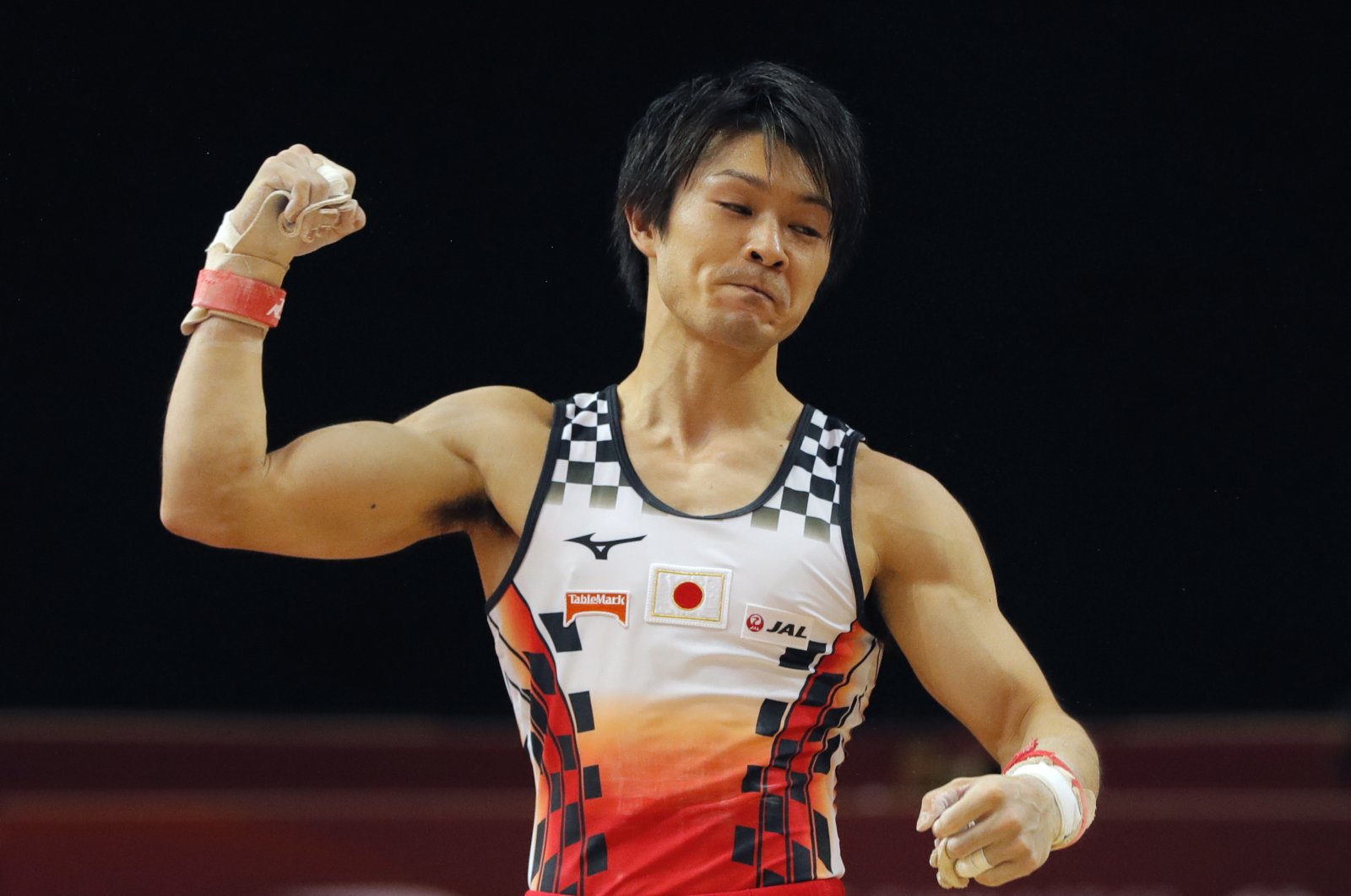 In this Oct. 29, 2018, file photo, Japan's Kohei Uchimura celebrates his performance on the rings during the men's team final of the Gymnastics World Championships at the Aspire Dome in Doha, Qatar. (AP Photo)