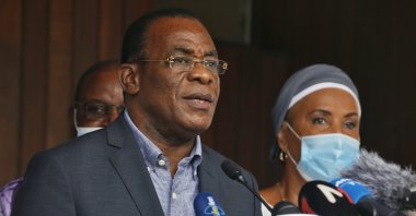 The presidential candidate of the Ivorian Popular Front (FPI), former prime minister Pascal Affi N'Guessan addresses journalists during a press conference of the coalition of the Ivorian opposition, in Abidjan, Ivory Coast, Nov. 1, 2020. EPA/LEGNAN KOULA