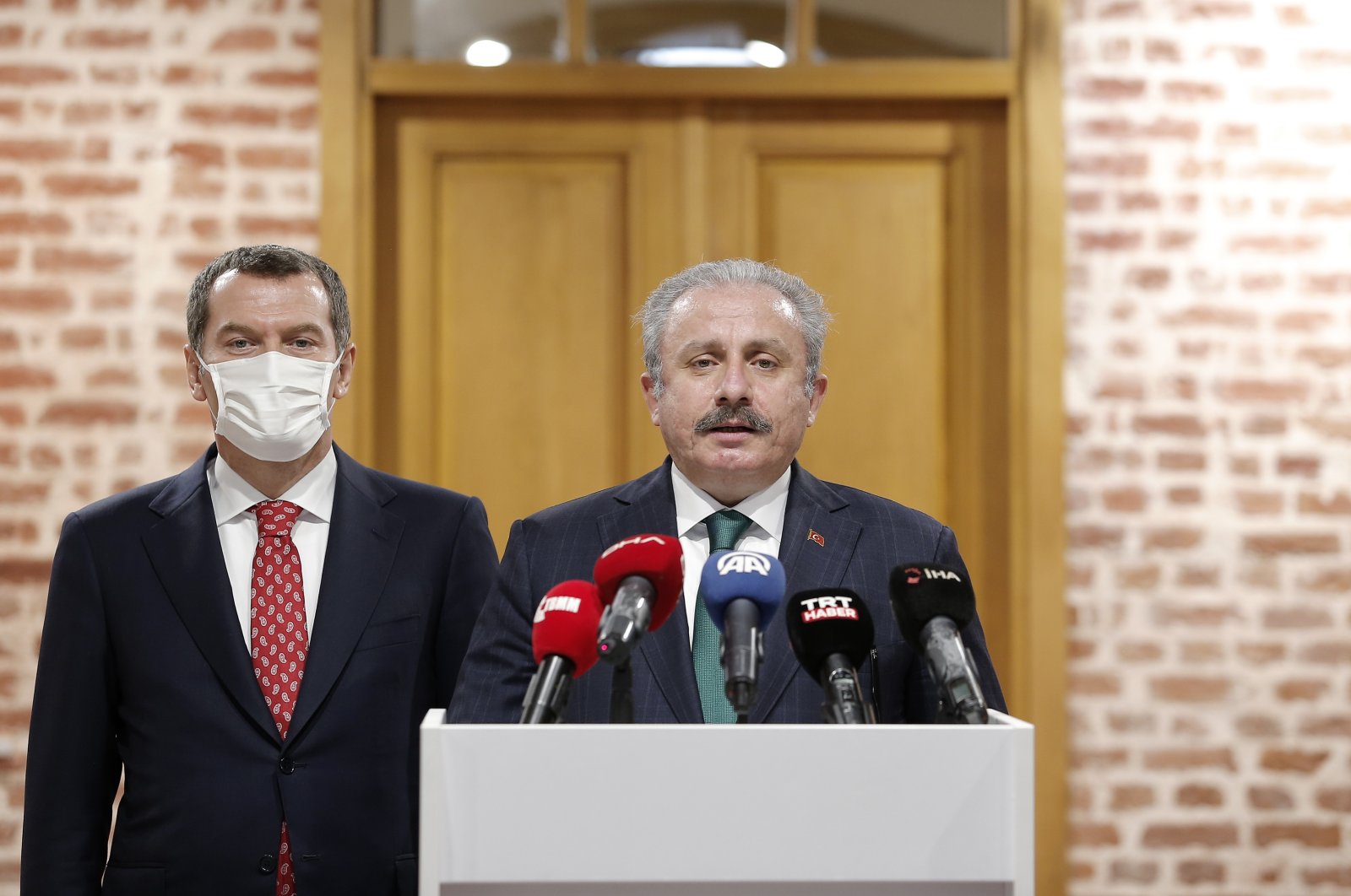 Turkish Parliament Speaker Mustafa Şentop speaks at a news conference at an exhibition in the Kazlıçeşme district of Istanbul, Nov. 7, 2020 (AA Photo)