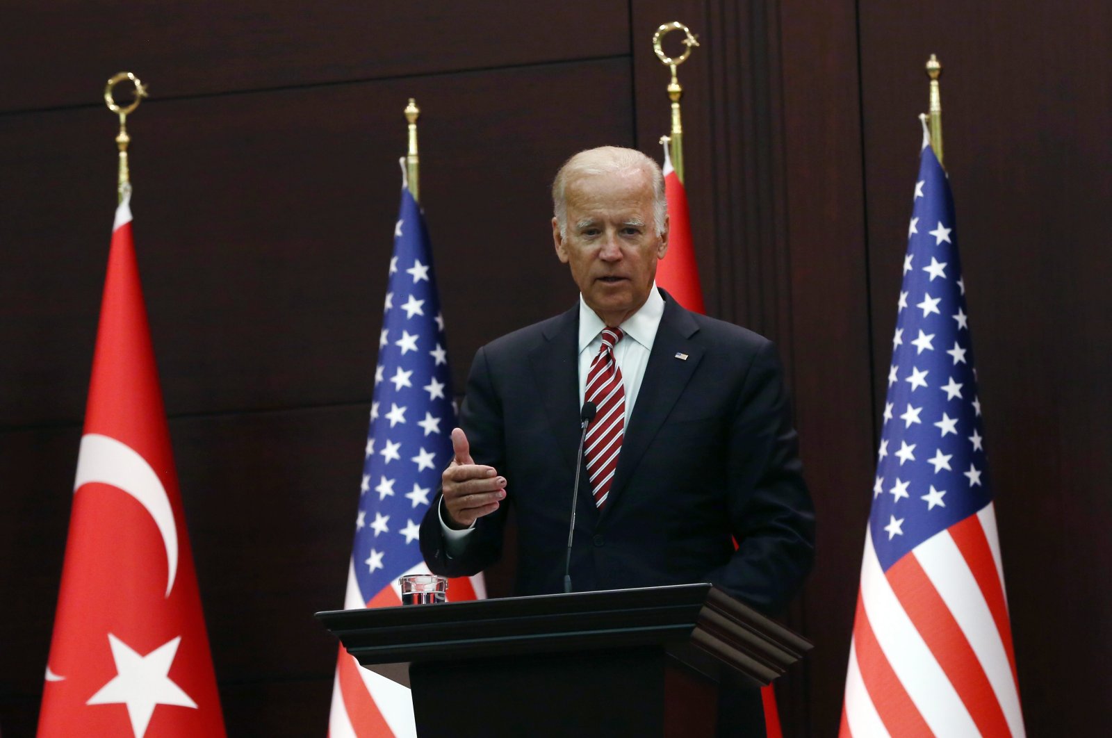Then-U.S. Vice President Joe Biden speaks to the media after talks with then-Turkish Prime Minister Binali Yıldırım in Ankara, Turkey, Aug. 24, 2016. (AP Photo)