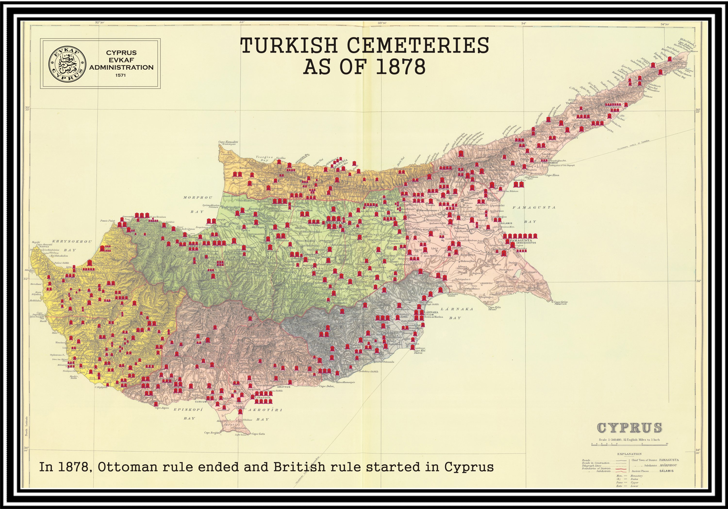 This map provided by the Evkaf Foundation shows Muslim and Turkish cemeteries administered by the foundation in Cyprus in 1878, when the British assumed the control of the island from the Ottomans.