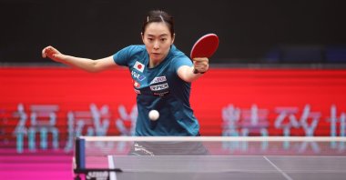 Kasumi Ishikawa of Japan during a training session ahead of the Women’s World Cup table tennis competition. in Weihai, China, Nov. 7, 2020. (AFP Photo)
