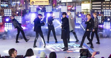 Members of BTS perform at the Times Square New Year's Eve celebration in New York City, New York, U.S., on Dec. 31, 2019. (AP PHOTO)