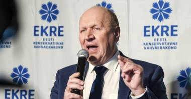 Estonia’s far-right interior minister, Mart Helme, speaks at Ekre party headquarters after parliamentary elections in Tallinn, Estonia, March 4, 2019. (AP Photo)
