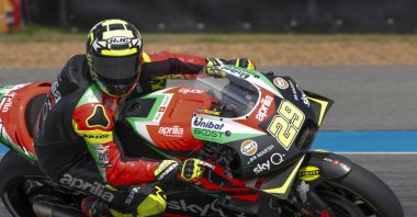 Andrea Iannone in action during Thailand MotoGP race, in Buriram, Thailand, Oct. 5, 2019. (AP Photo)