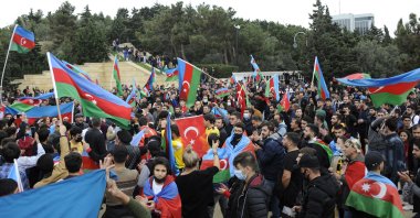 Azerbaijani people celebrate in Baku, Azerbaijan, Nov. 10, 2020. (EPA Photo)