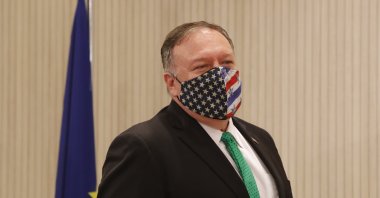 U.S. Secretary of State Mike Pompeo arrives for a press conference with the Cypriot President Nicos Anastasiades at the Presidential Palace in Nicosia, Cyprus, Saturday, Sept. 12, 2020. (AP File Photo)