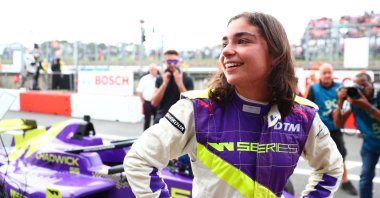Jamie Chadwick reacts after winning the inaugural W Series Championship at Brands Hatch in Longfield, England, Aug. 11, 2019. (Getty Images)