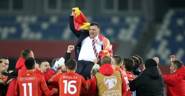 North Macedonia coach Igor Angelovski celebrates with players after the Euro 2020 Playoff Final match against Georgia at Boris Paichadze Dinamo Arena, Tbilisi, Georgia, Nov. 12, 2020. (Reuters Photo)