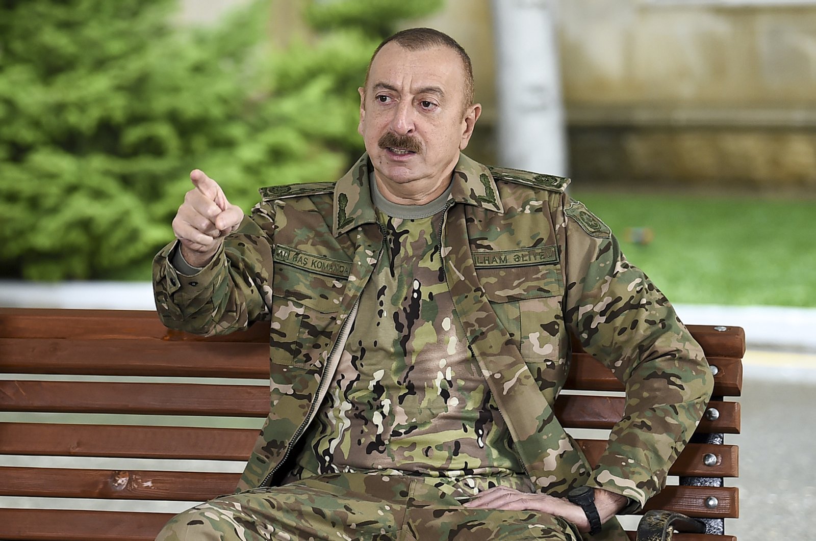 Azerbaijani President Ilham Aliyev gestures during a meeting with servicepeople undergoing treatment at the Clinical Medical Center No. 1 in Baku, Azerbaijan, Nov. 11, 2020. (AP Photo)