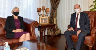 The President of the Turkish Republic of Northern Cyprus (TRNC) Ersin Tatar (R) receives the head of the United Nations Peacekeeping Force in Cyprus, Elizabeth Spehar, in the capital Lefkoşa (Nicosia), Nov. 12, 2020. (AA Photo)