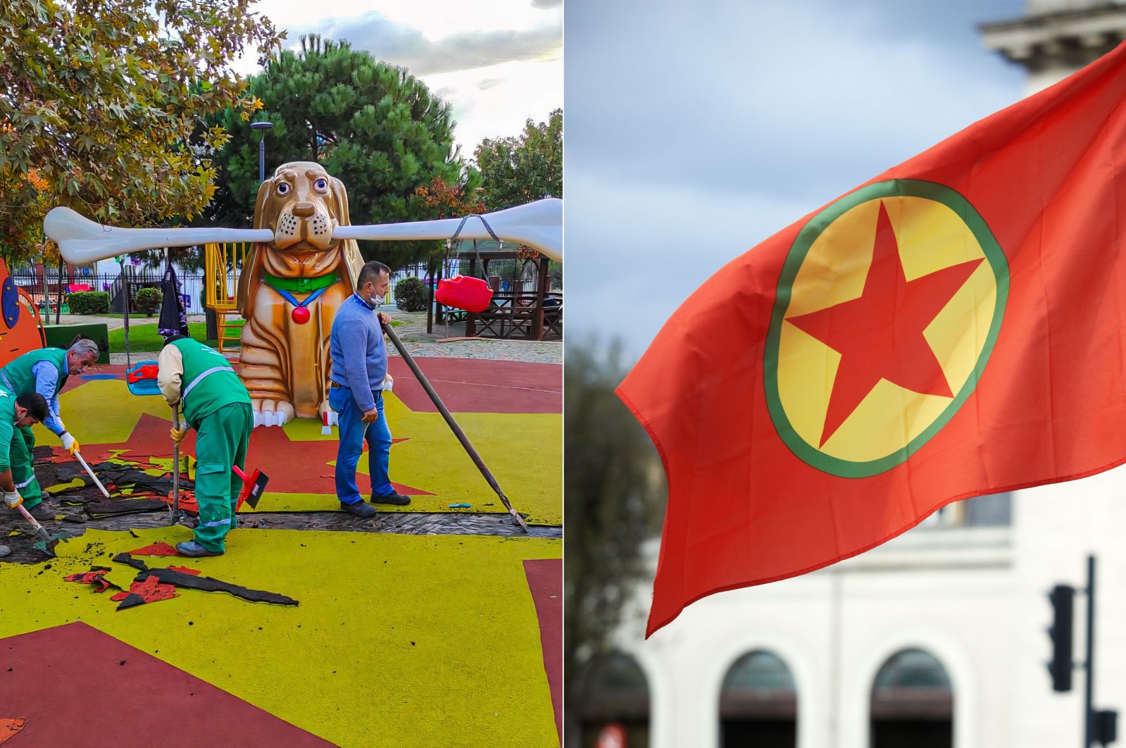In this combined photo, construction workers remove the flooring of a playground, which resembles the terrorist YPG/PKK flag in Istanbul's Küçükçekmece district on Wednesday, Nov. 11, 2020, while the right photo features the YPG/PKK terrorist flag (AA and Getty Images) 