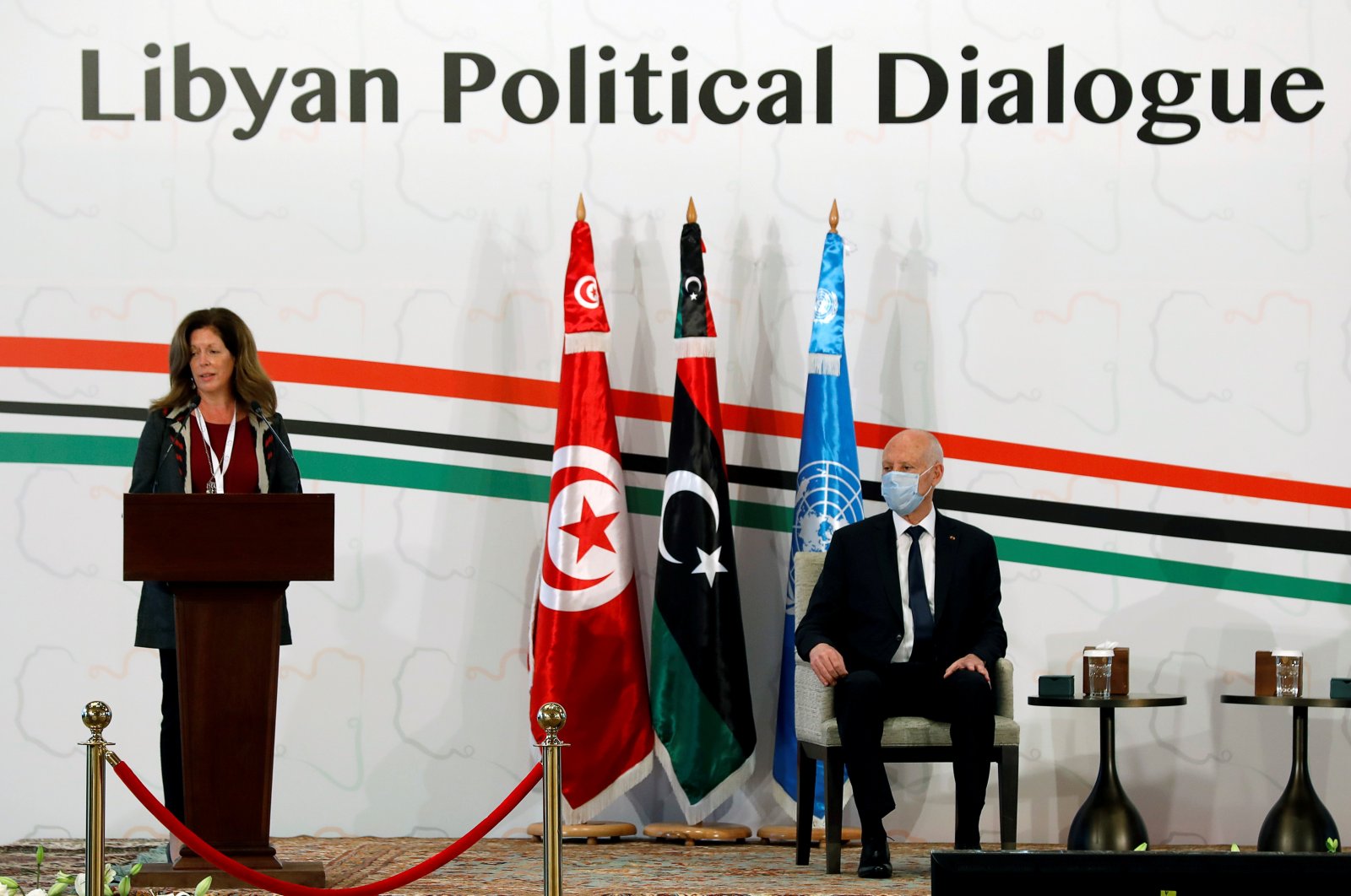 Deputy Special Representative of the UN Secretary-General for Political Affairs in Libya, Stephanie Williams, speaks as Tunisia's President Kais Saied listens to her during the Libyan Political Dialogue Forum in Tunis, Tunisia on Nov. 9, 2020. (Reuters Photo)
